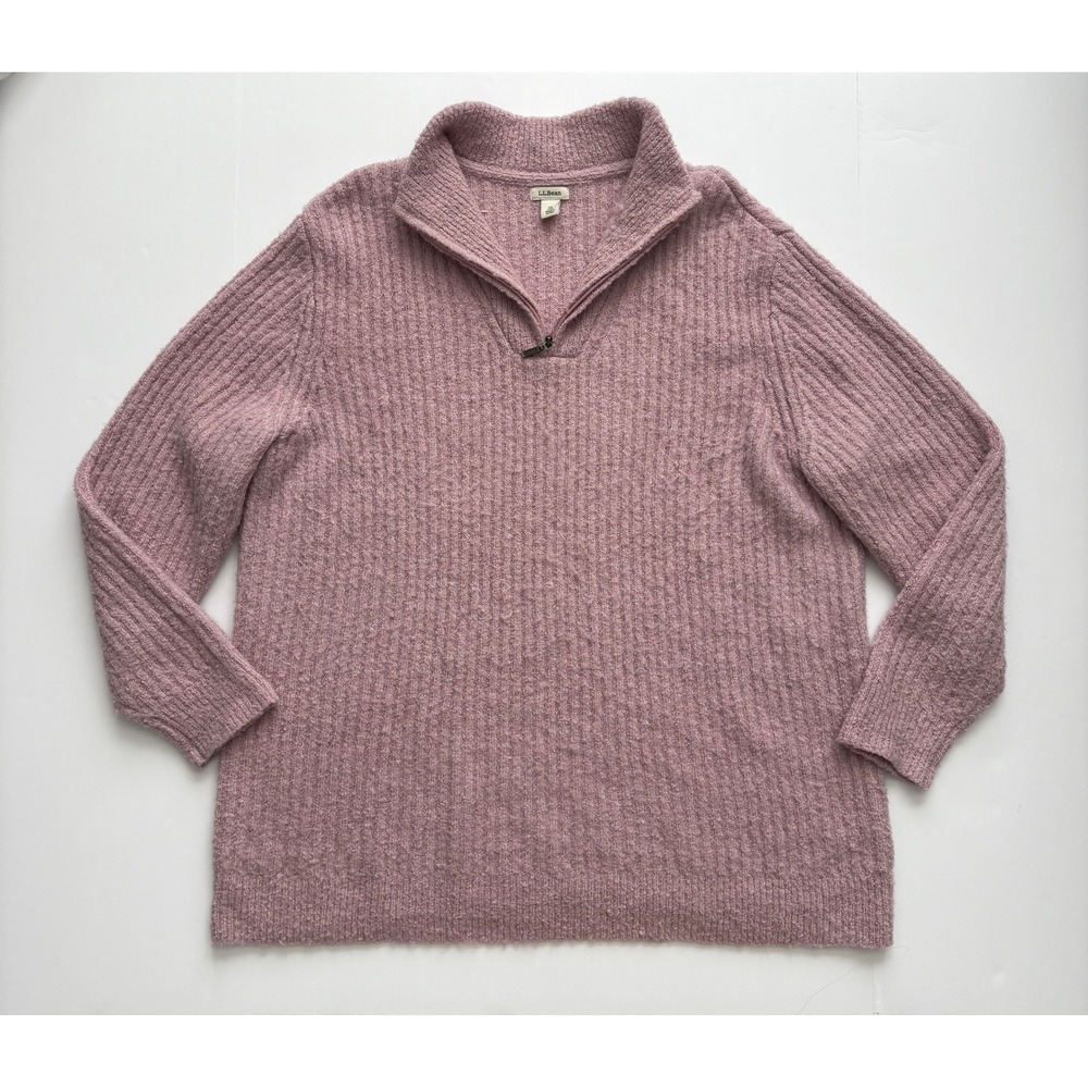 L.L.Bean Women 1X Plus Cozy Cloud Mauve Wool Blend Quarter Zip Sweater Pink